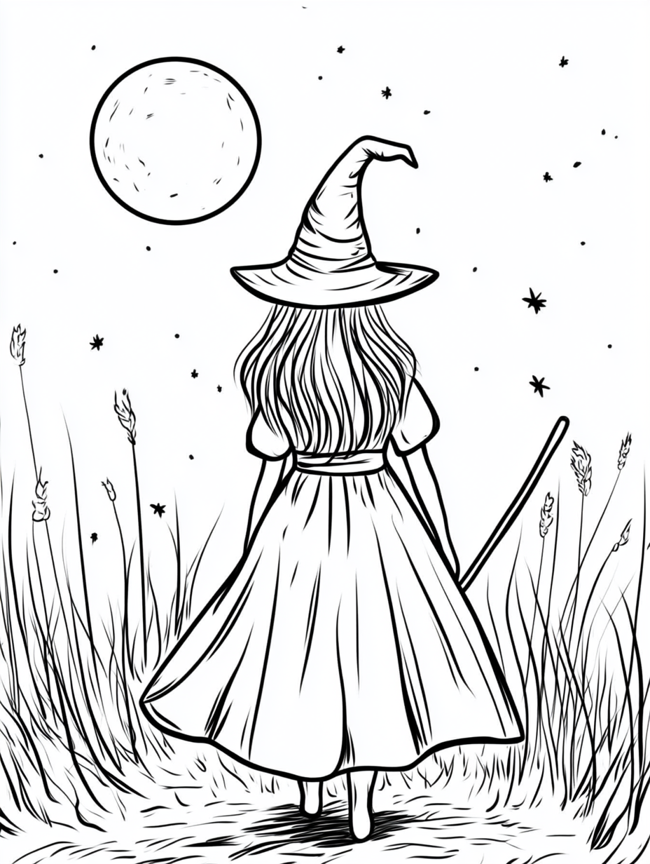 Simple witch hitch hiking on dark night, minimal detail.