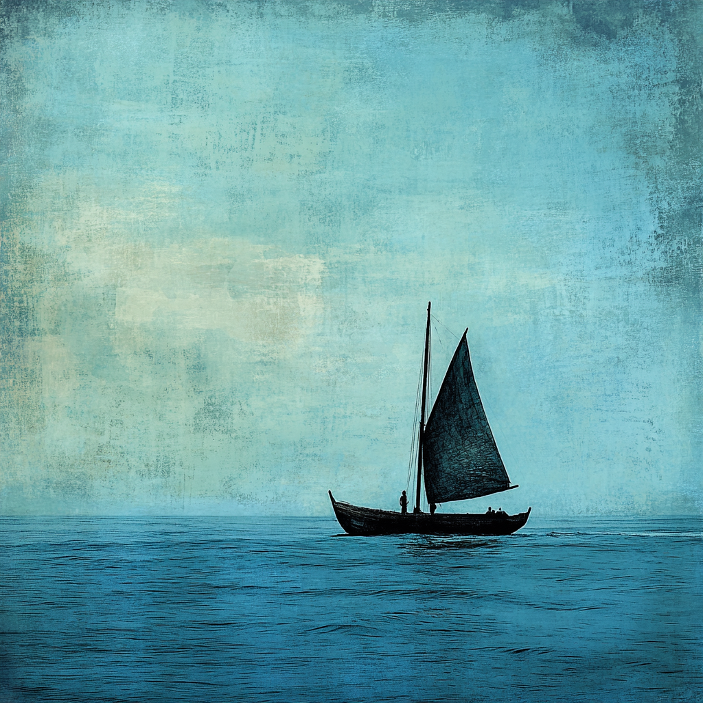 Simple wooden boat sailing on textured sea. Sky blends.