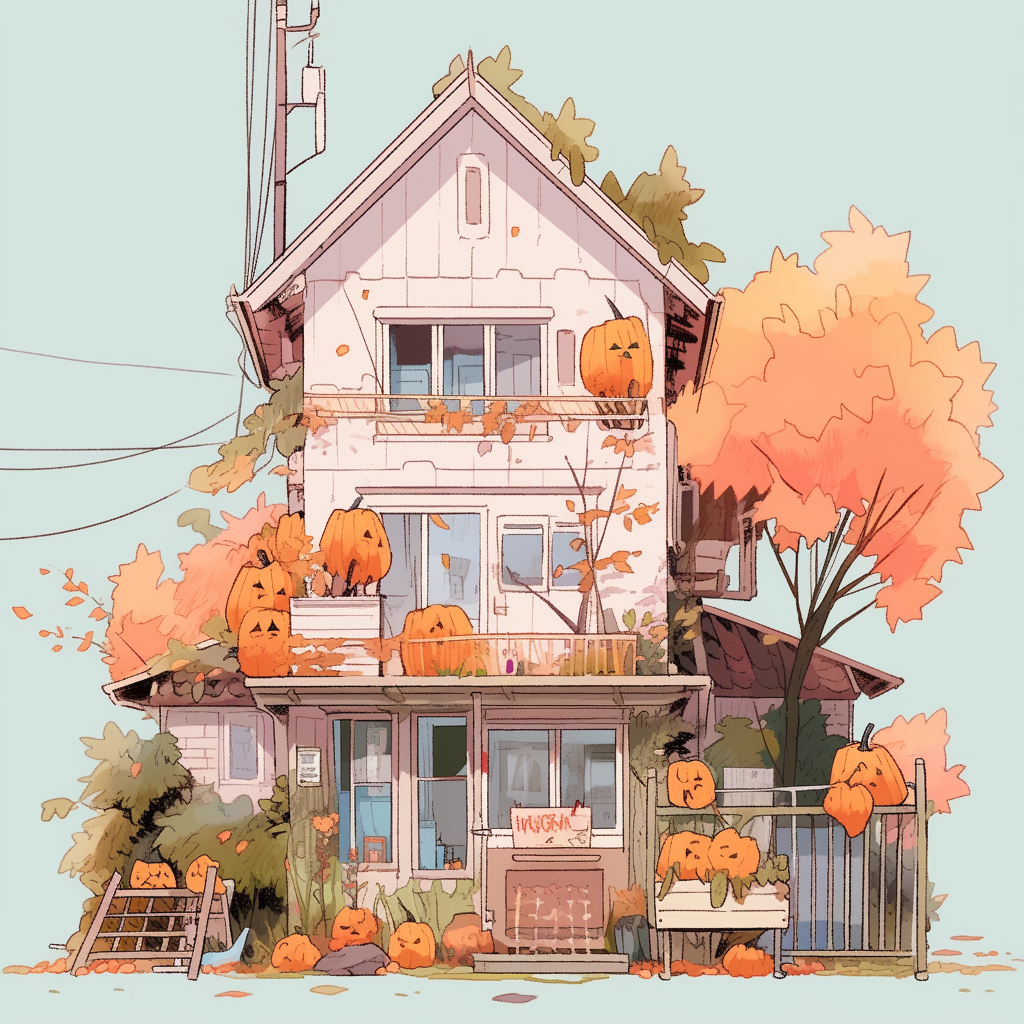 Simplistic anime drawing of Halloween-colored house.