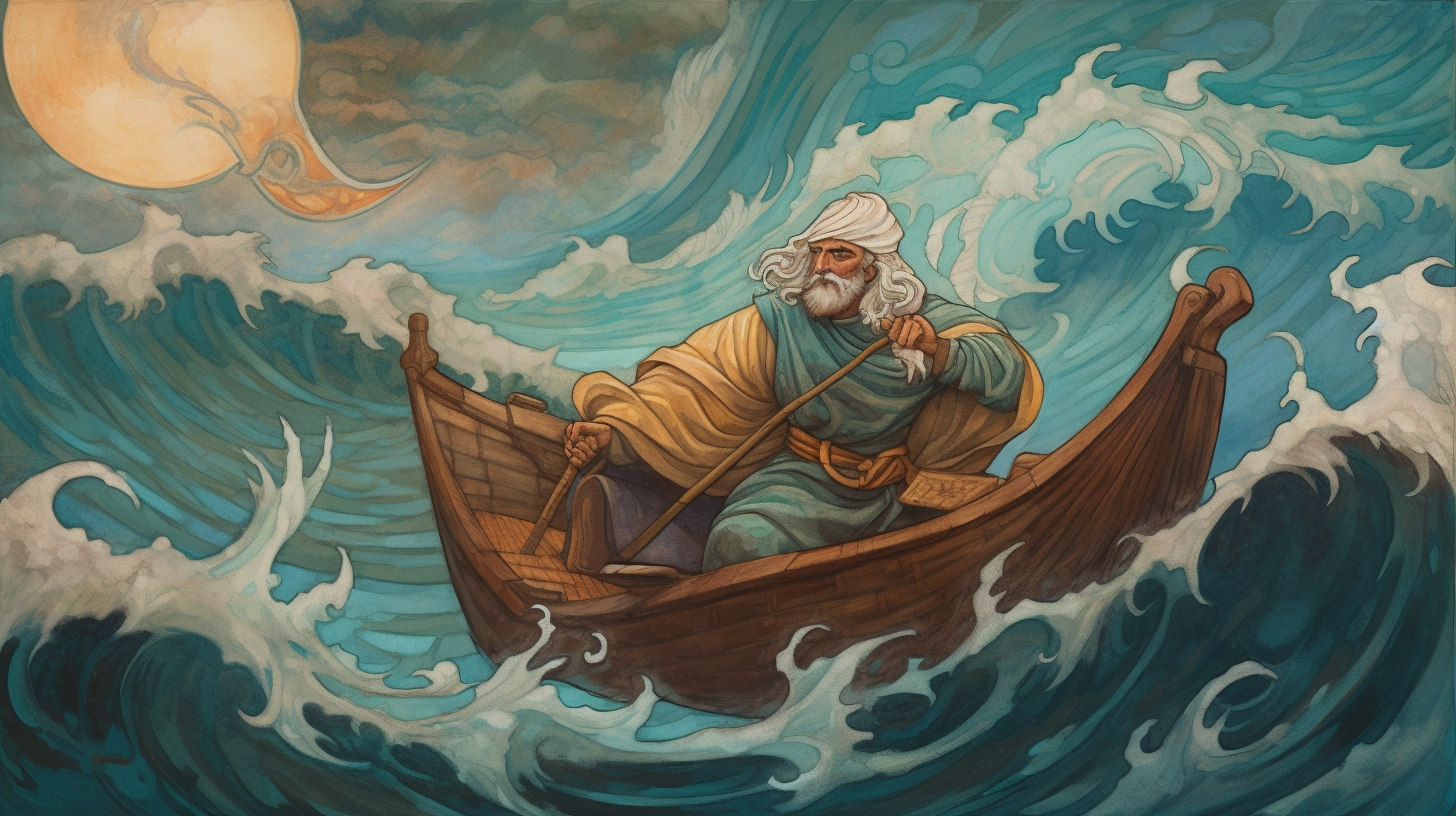 Sinbad battles waves on wooden float in fantasy