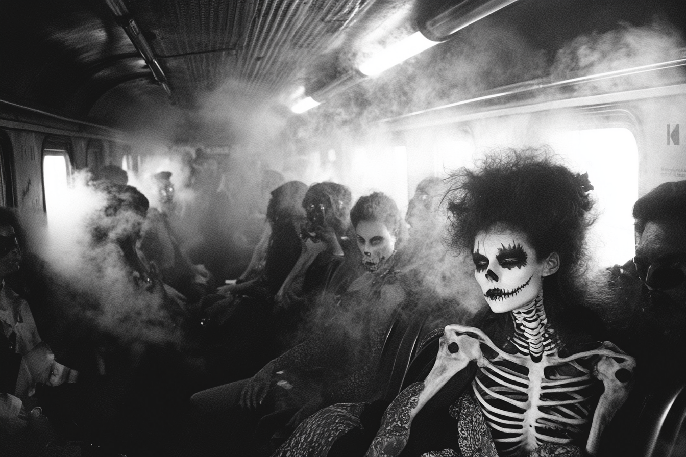 Sinful fashion models, skeletons, crowded subway wagon, cigarette smoke.