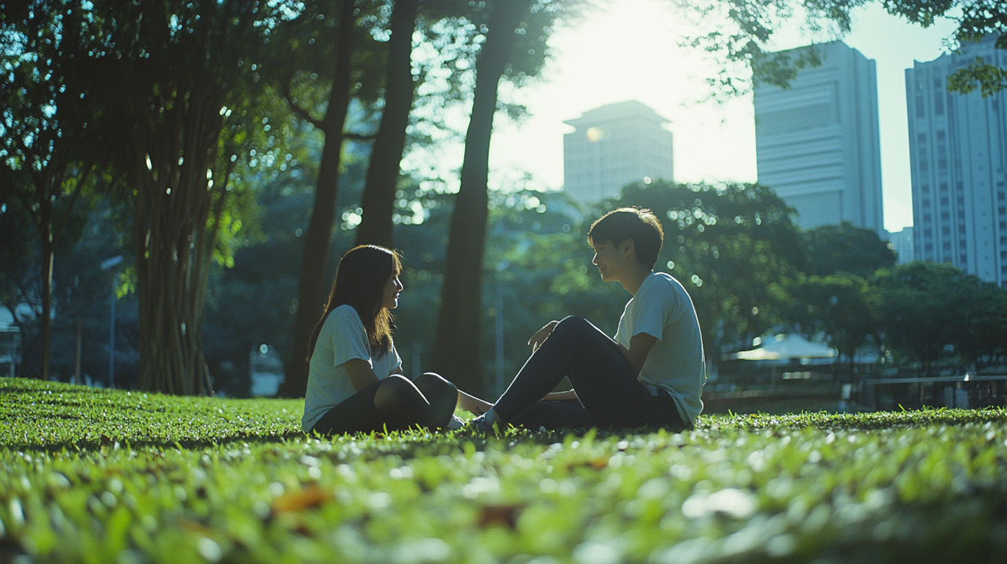 Singaporean Boy and Friend Enjoying Blissful Park Day