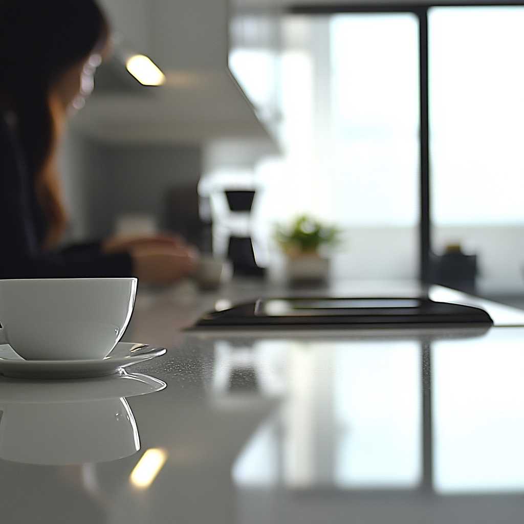 Singaporean woman making coffee on kitchen counter top.