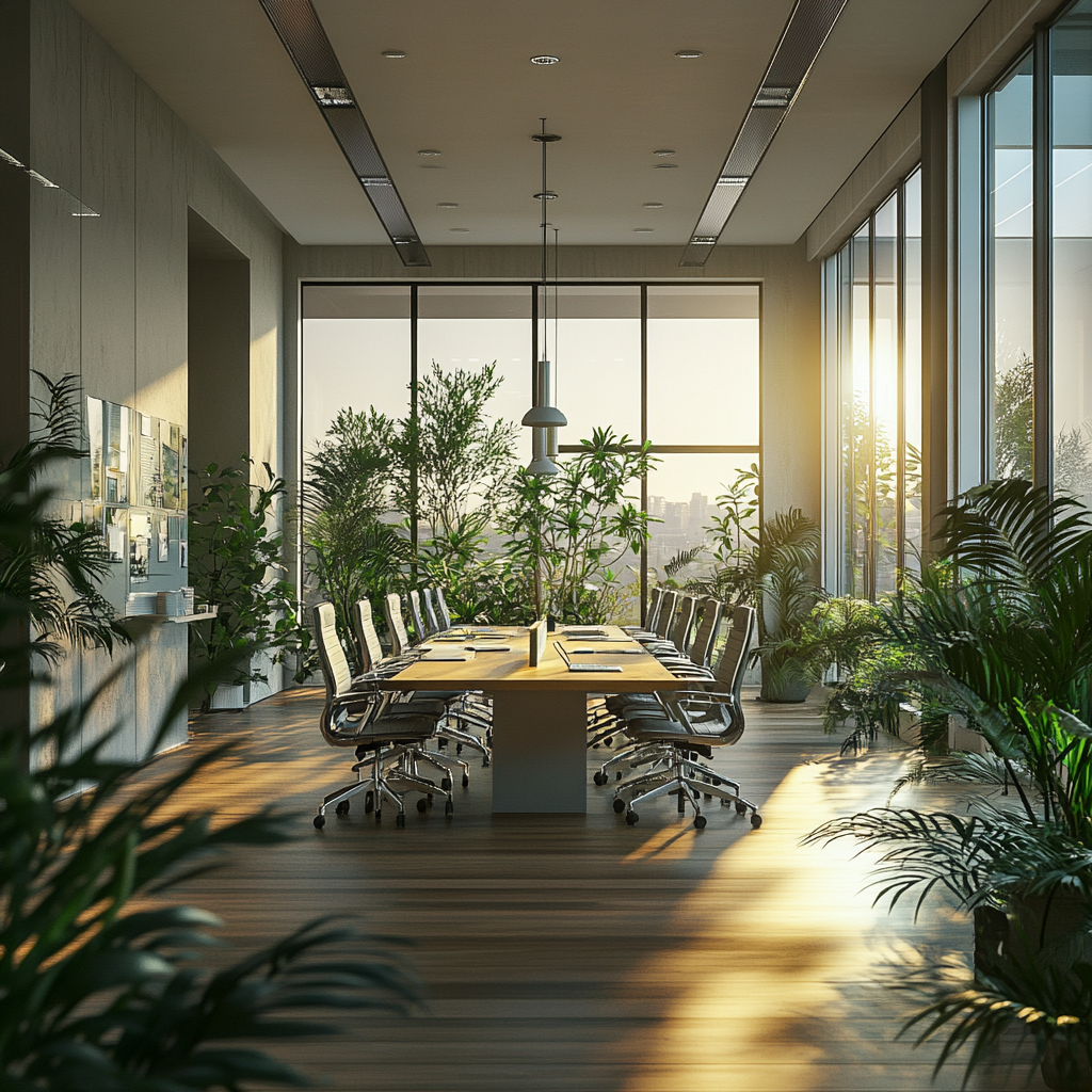 Single office room with central open space, greenery, windows.