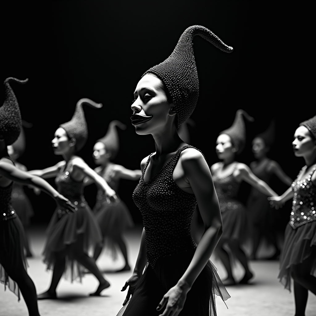 Sinister Circus Dancers in Beaded Headdress Ballroom