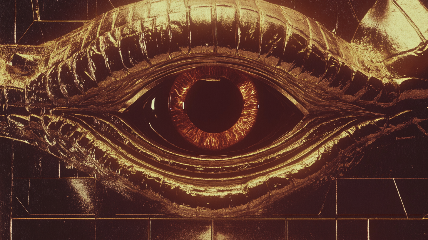 Sinister Crocodile Eye in Golden Shimmer: 1980s Movie Scene