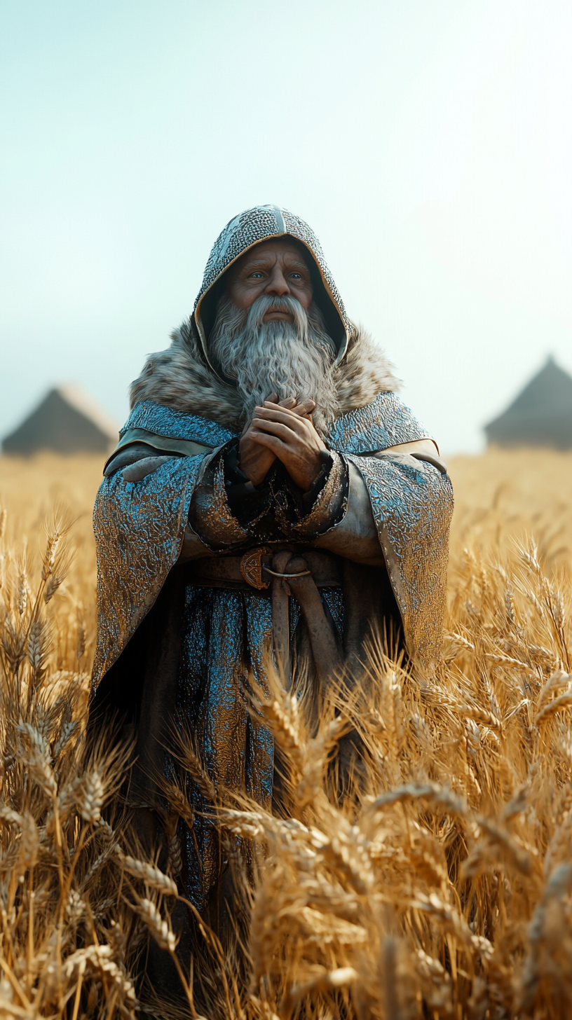 Sinister dwarf priest in wheat field at sunrise.