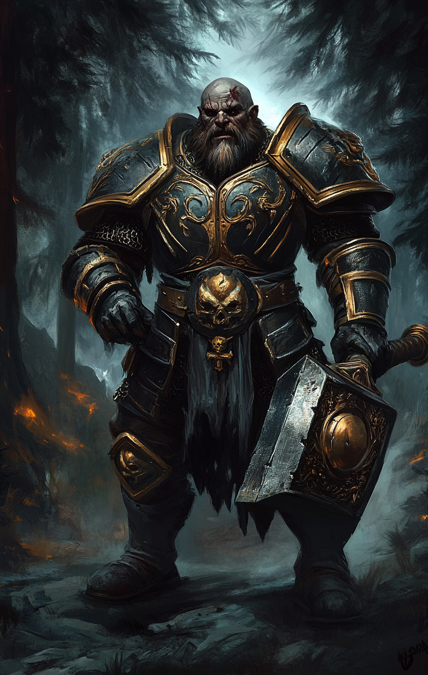 Sinister dwarven enforcer in black and gold armor.