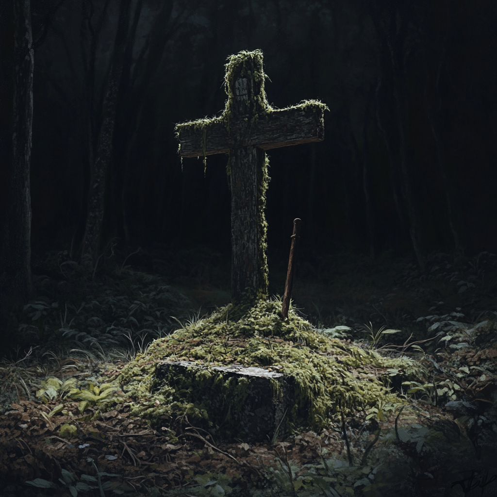 Sinister forest clearing with old mossy wooden cross grave