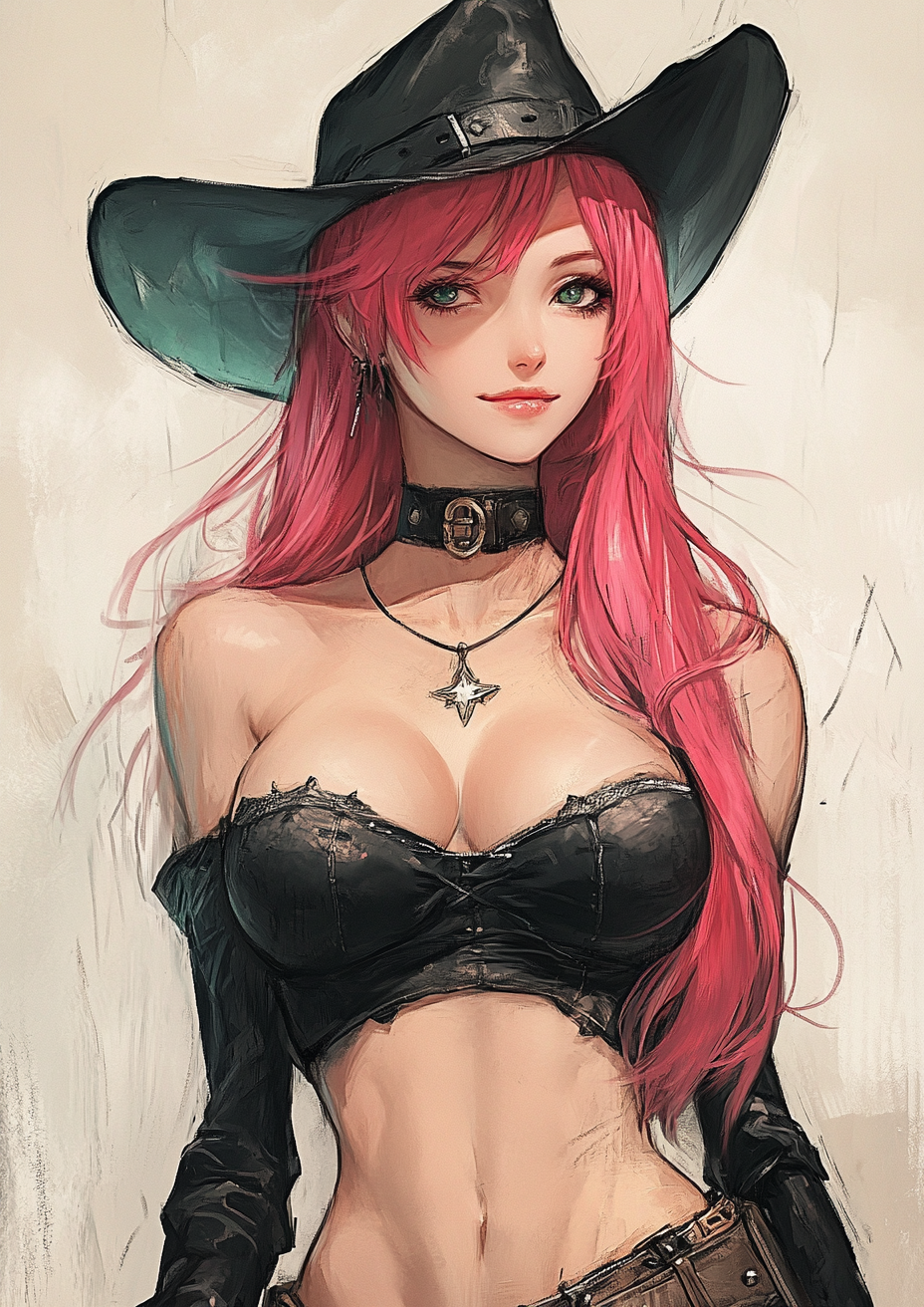 Sinister goth cowgirl with red hair and strong jawline