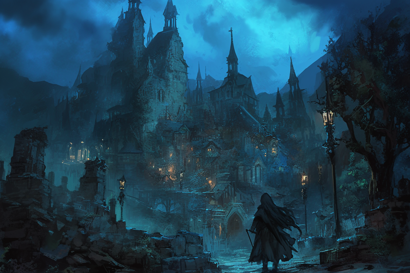 Sinister gothic town with breathtaking detailed horror art style.