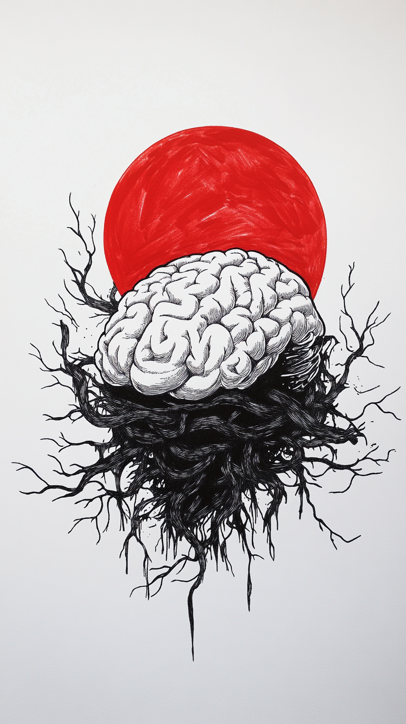 Sinister human brain surrounded by snakes, horror linocut.