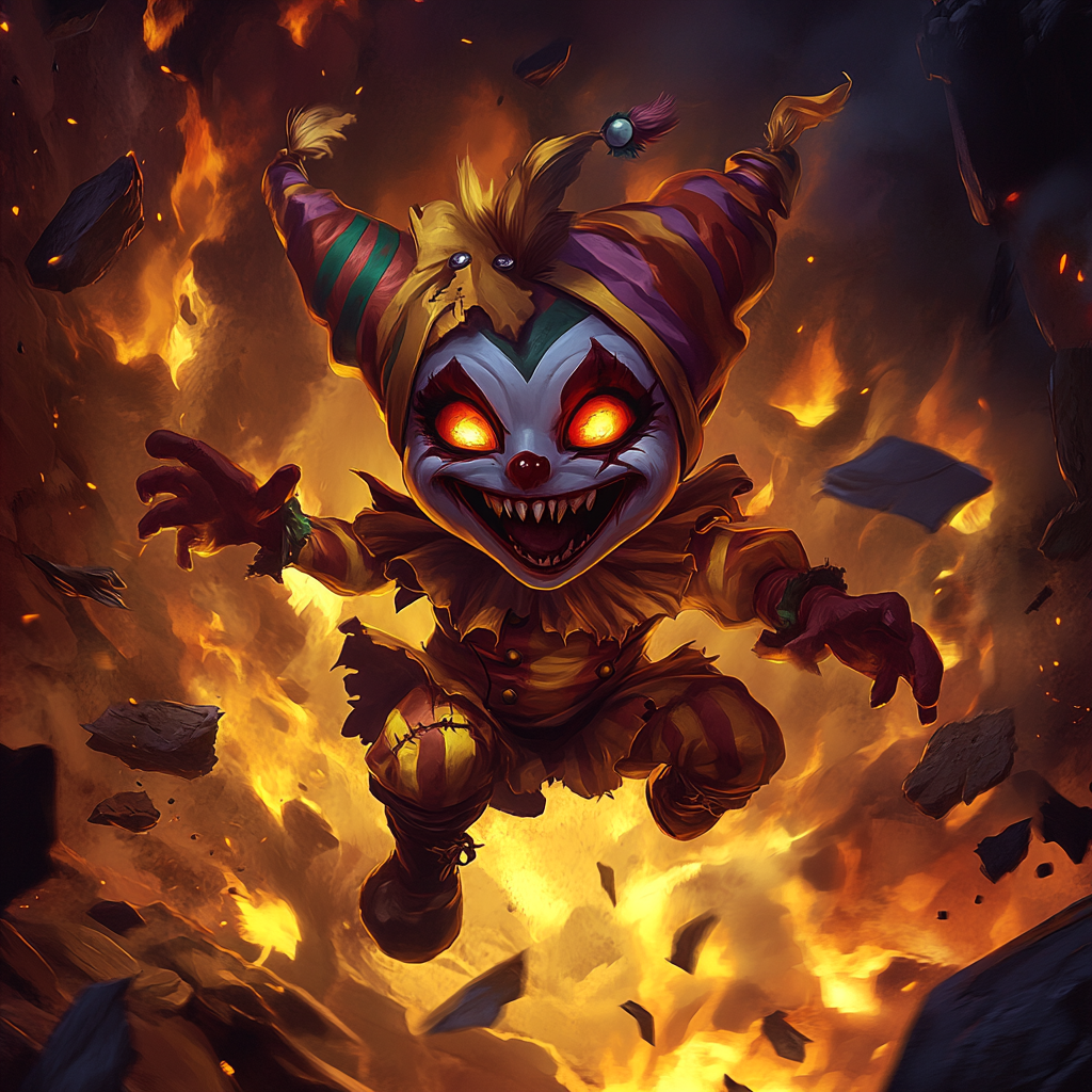 Sinister jester demon with fiery eyes in lava cavern.