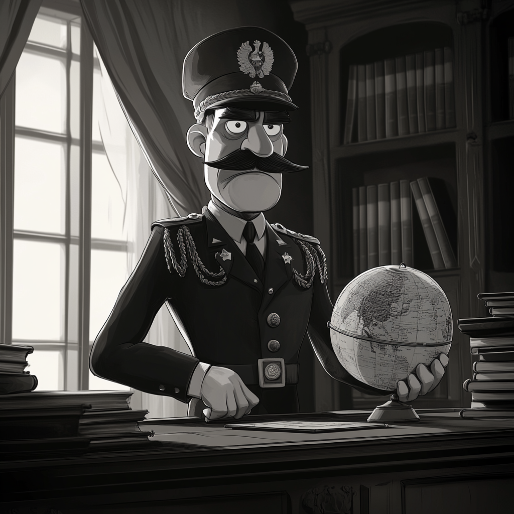 Sinister military cartoon character sits at his desk.