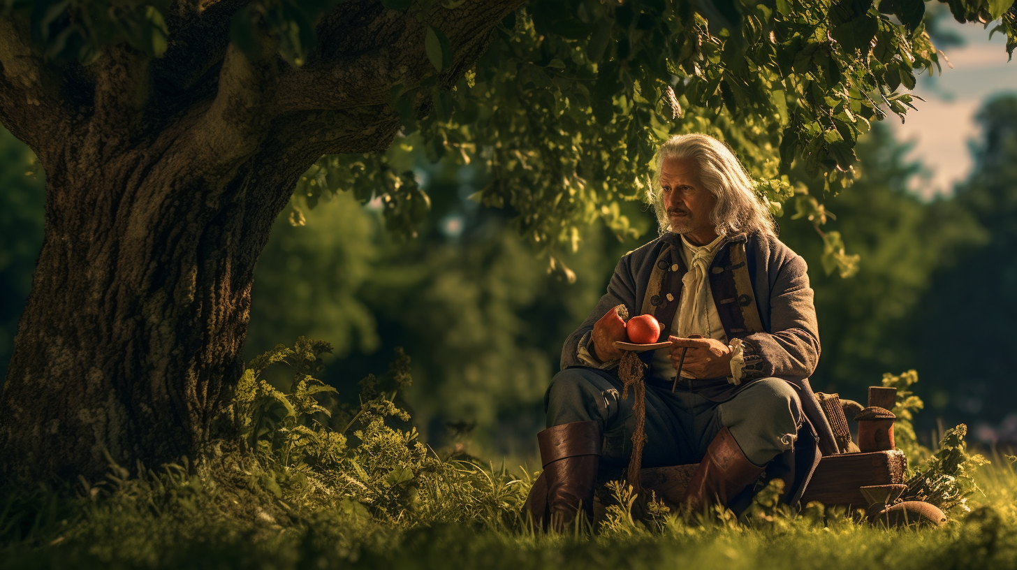 Sir Isaac Newton sitting under an apple tree calmly.