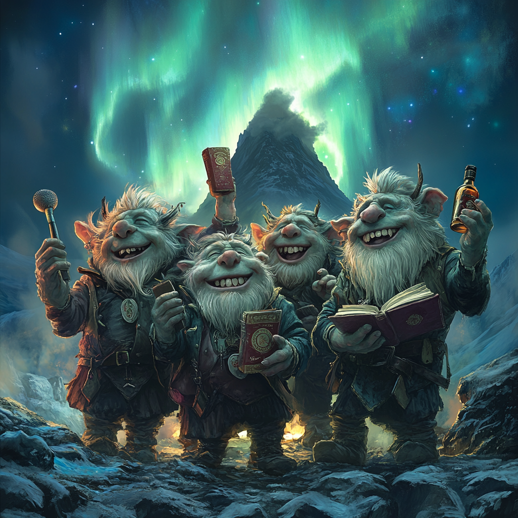 Six Icelandic Troll Characters Under Northern Lights