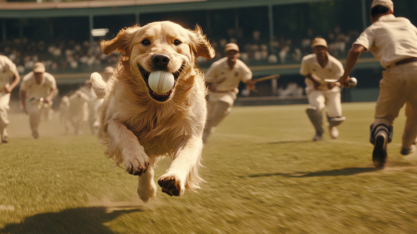 Six cricketers chasing golden retriever with cricket ball.