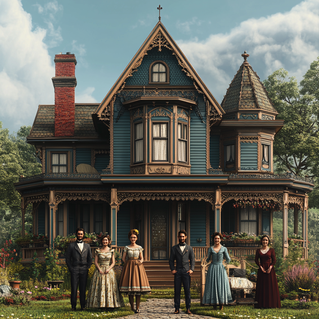 Six diverse housemates in modern clothes pose outside Victorian.