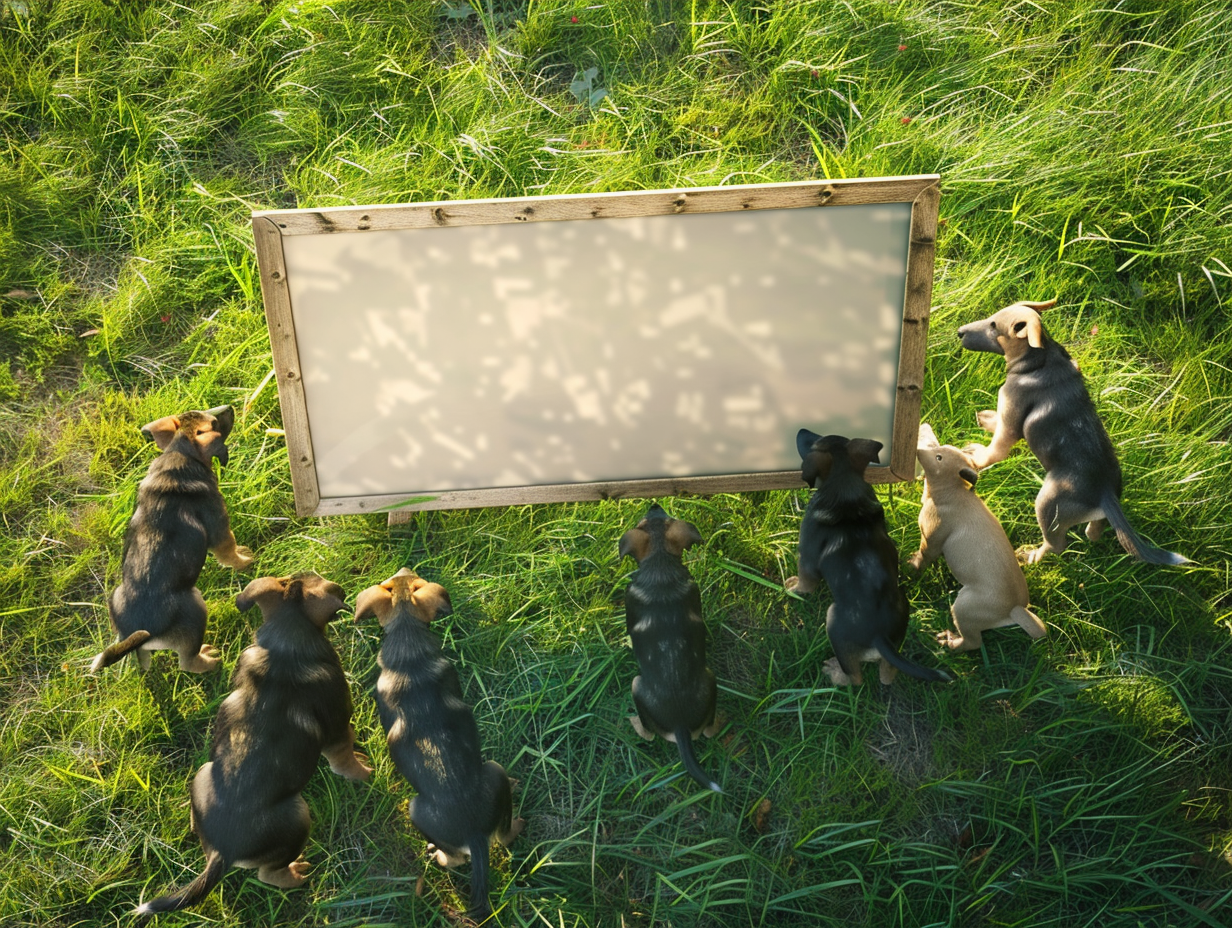 Six dogs next to campaign sign on green grass.