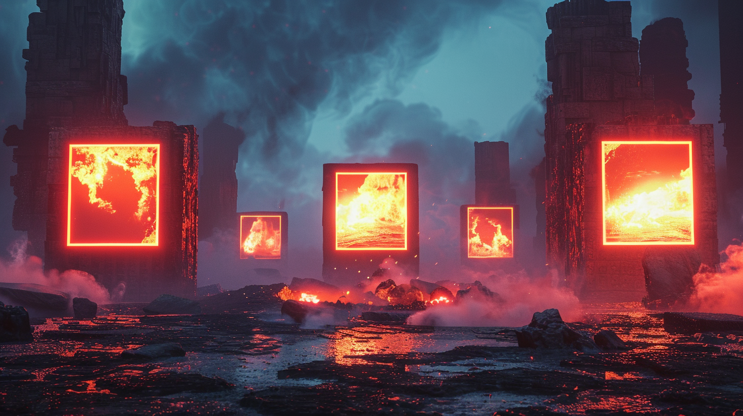 Six floating fiery squares on alien planet with ruins.