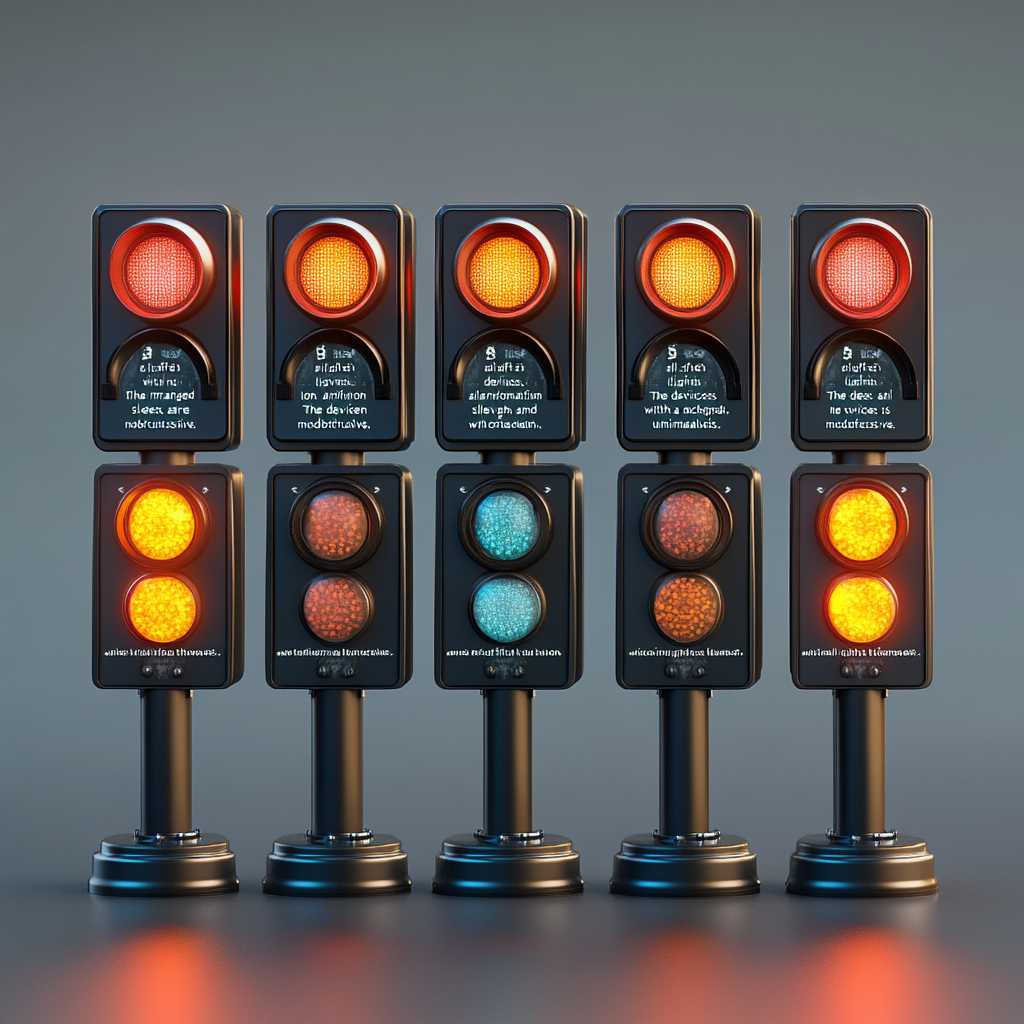 Six modern traffic light devices with minimalist design.