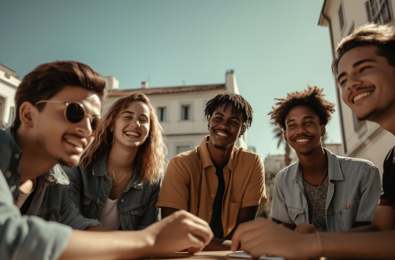 Six office workers laughing with man at laptop