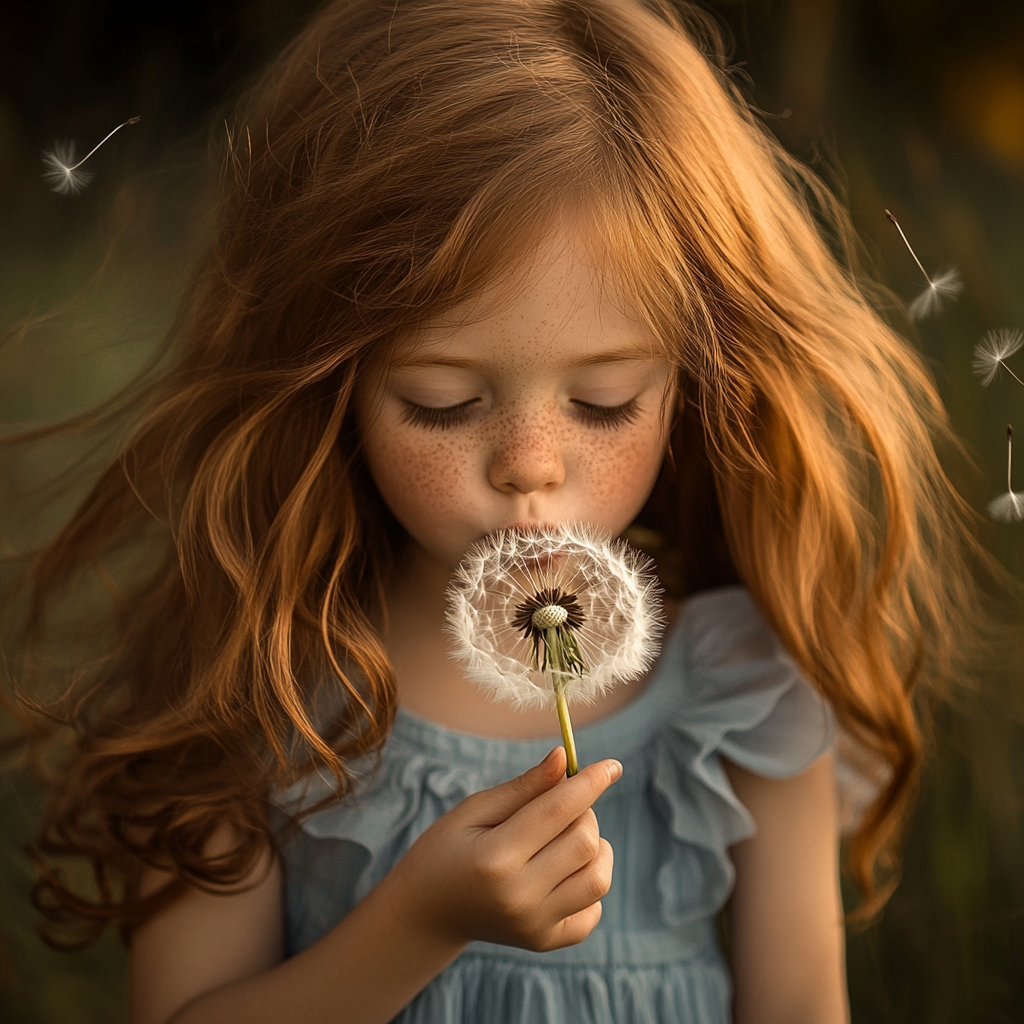 Six-year-old girl with freckles and brown eyes, holding dandelion.