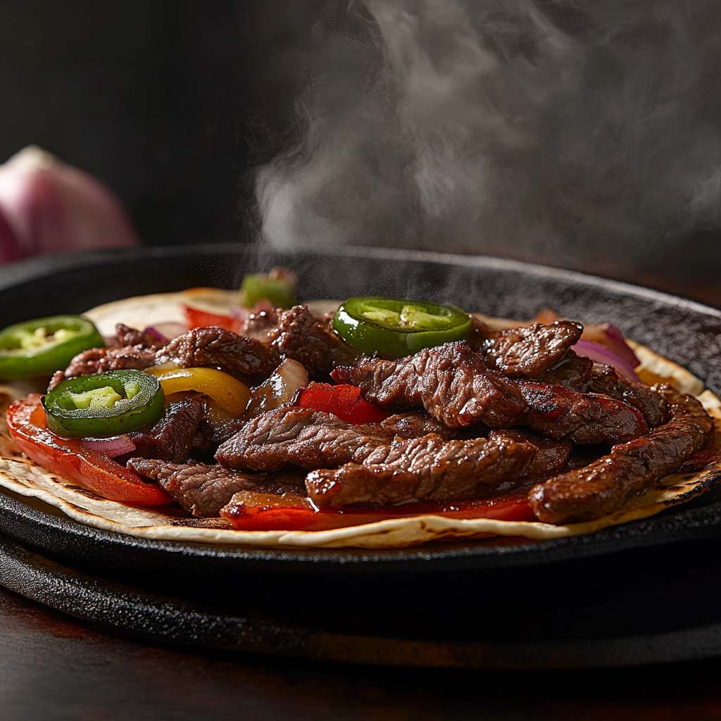 Sizzling Beef Fajitas on Hot Griddle Pan