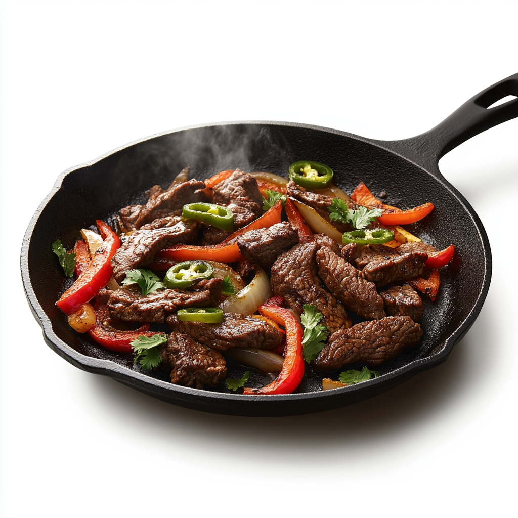 Sizzling beef fajitas on a hot griddle pan.