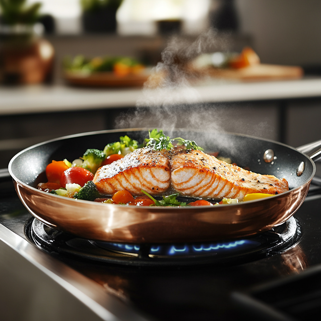 Sizzling salmon and veggies in the copper pan