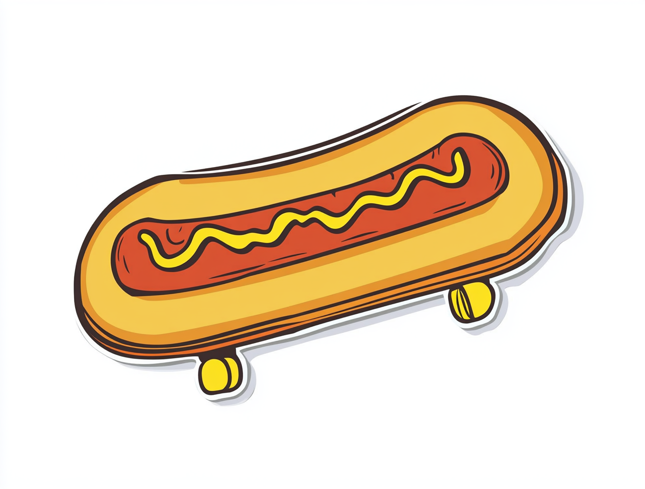 Skateboard shaped like hot dog illustration on white background.