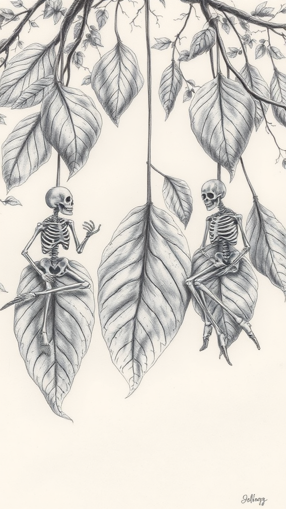 Skeletal friends enjoying fall leaves in whimsical setting.