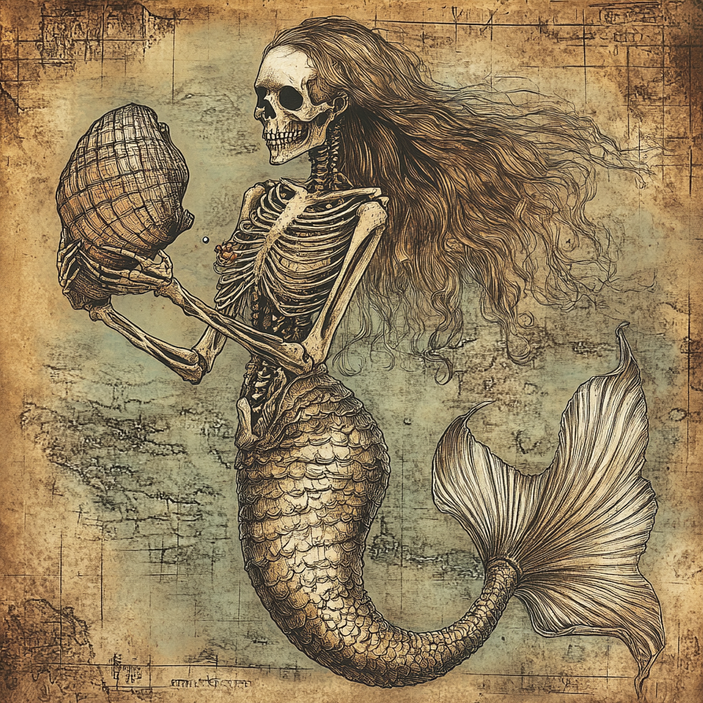 Skeleton Mermaid Holding Pearl on Old Map Illustration