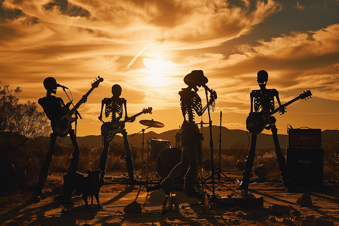 Skeleton band jamming in Texas desert graffiti sunset.