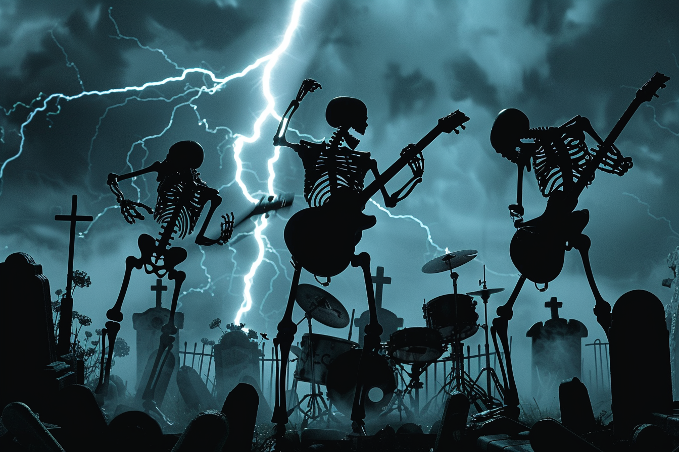 Skeleton band playing instruments in stormy cemetery scene.