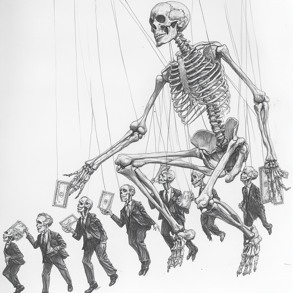 Skeleton controls marionettes in business attire chasing bank notes.