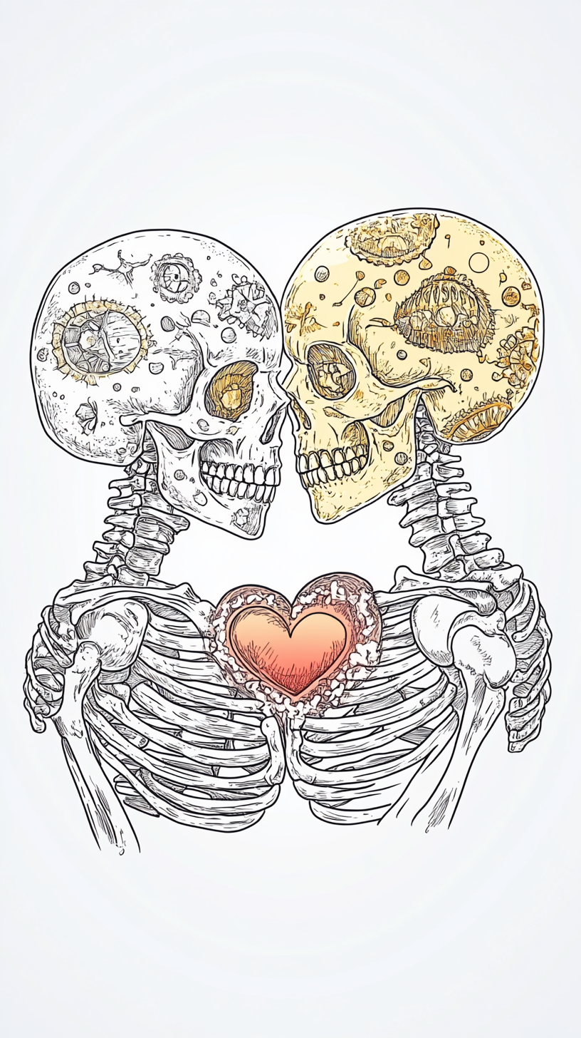 Skeleton couple hugging, heart in hand, white background