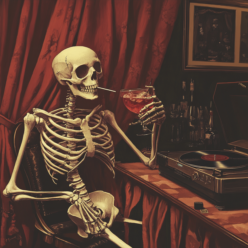 Skeleton enjoys a cocktail in jazzy bar.