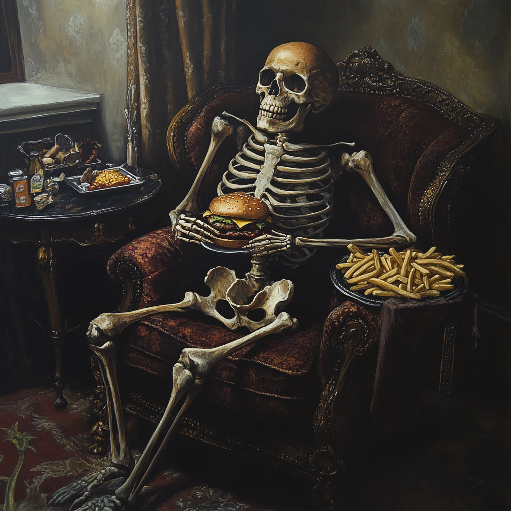 Skeleton gobbles food in fancy house