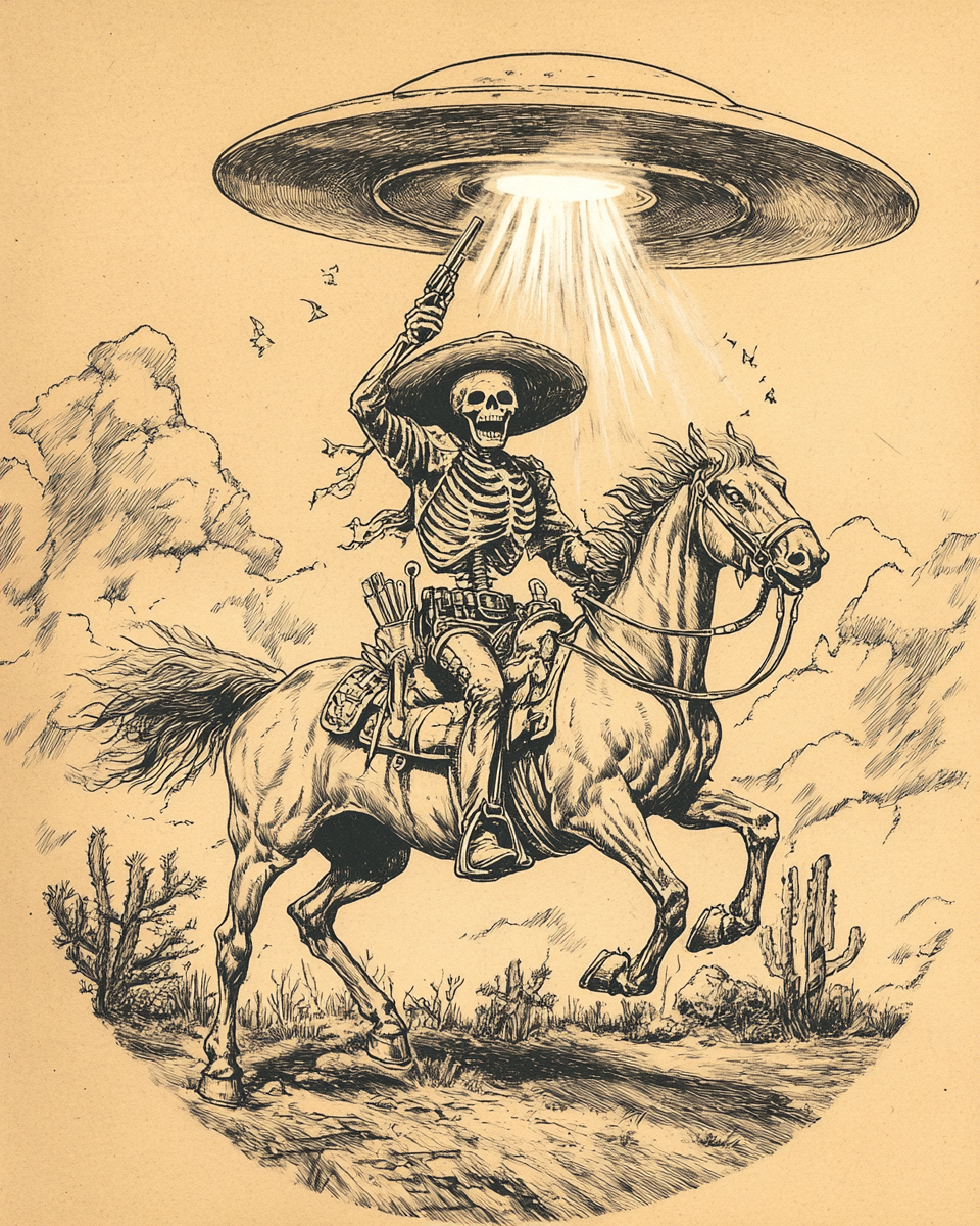 Skeleton gunslinger on horse abducted by UFO in sketch.