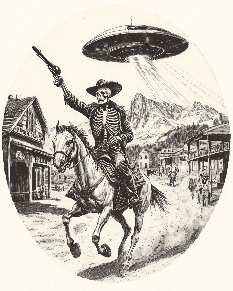 Skeleton gunslinger on horseback aims at UFO through town.