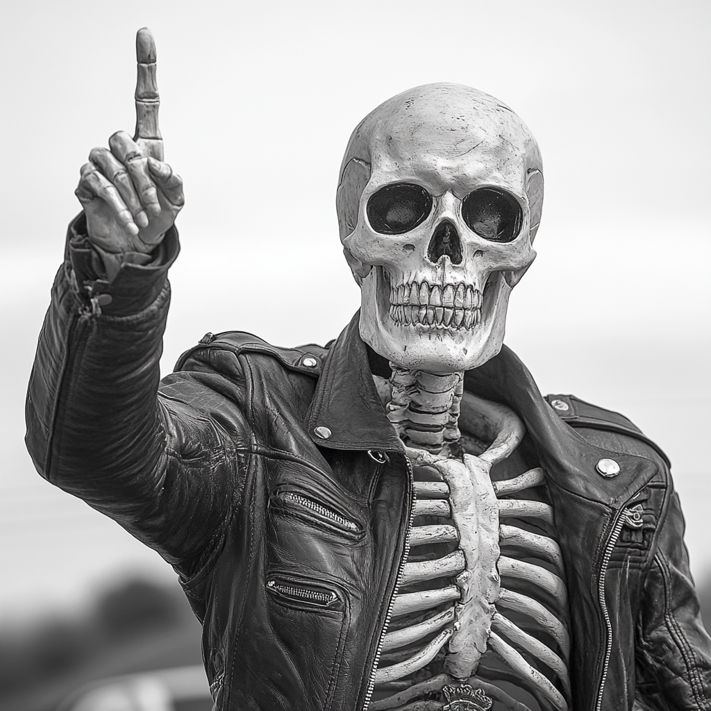 Skeleton in motorcycle jacket provocatively raising middle finger backward.