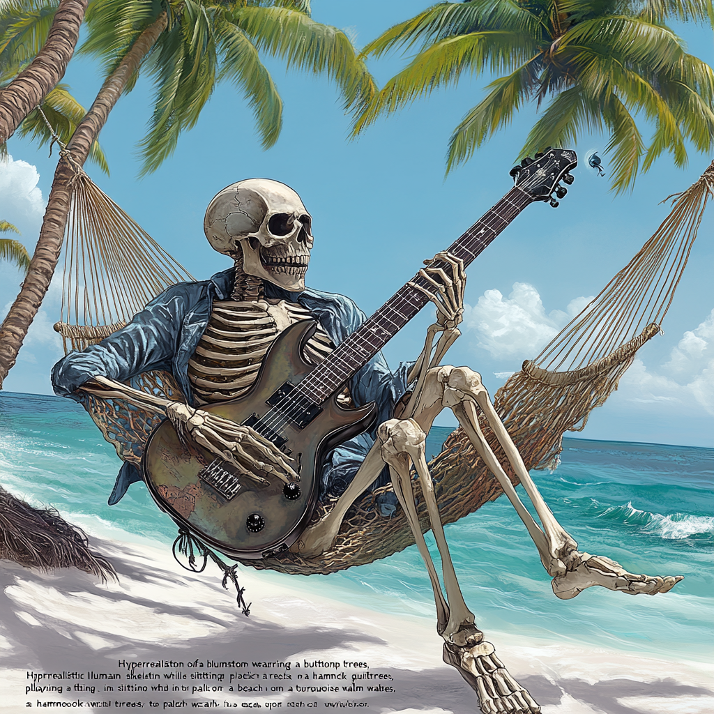 Skeleton playing guitar in beach hammock.