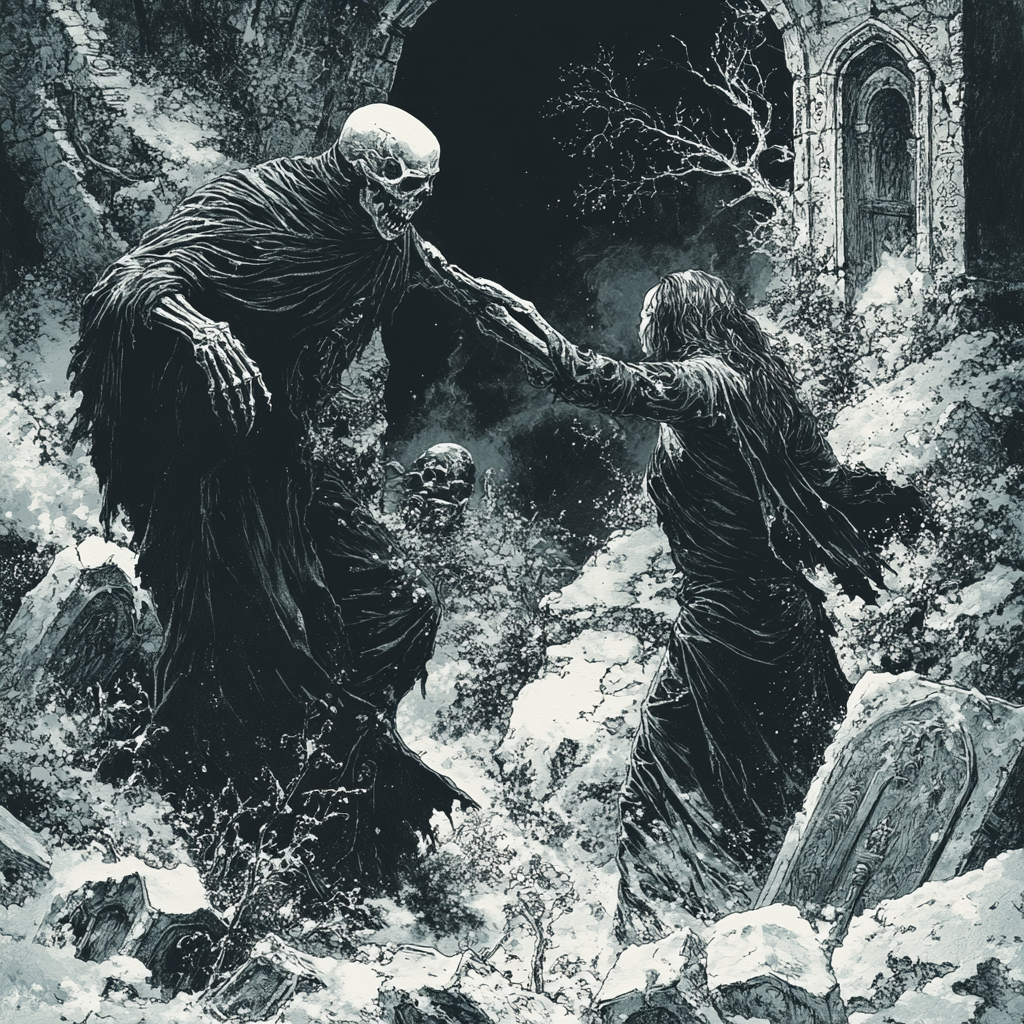 Skeleton pulling woman into grave in icy graveyard.