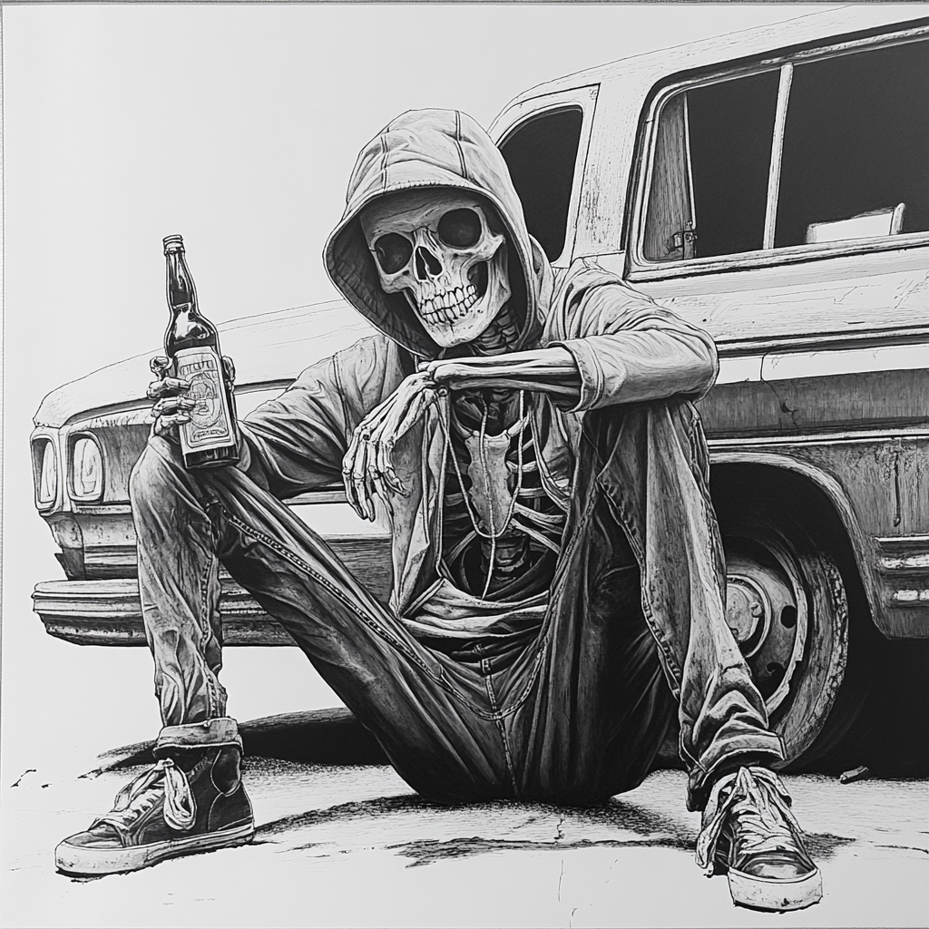 Skeleton squatting with alcohol in front of school bus.