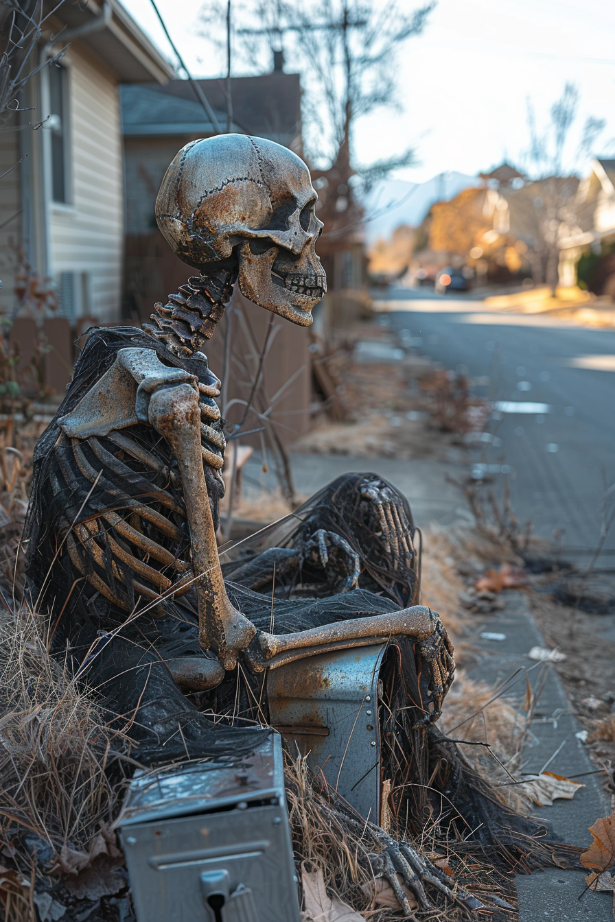 Skeleton waiting by mailbox in suburban neighborhood