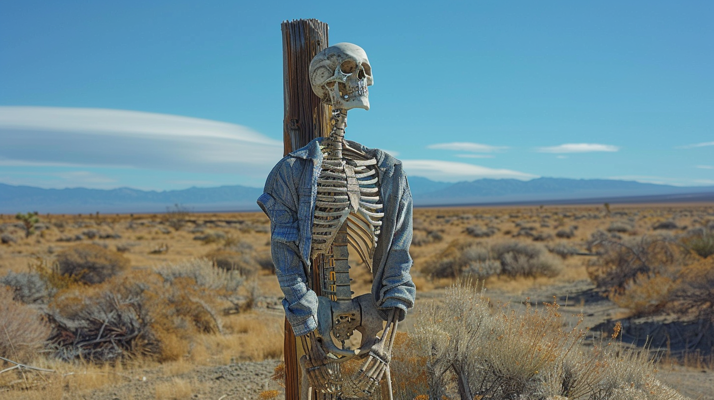 Skeleton wearing clothing on wooden pole in desert.