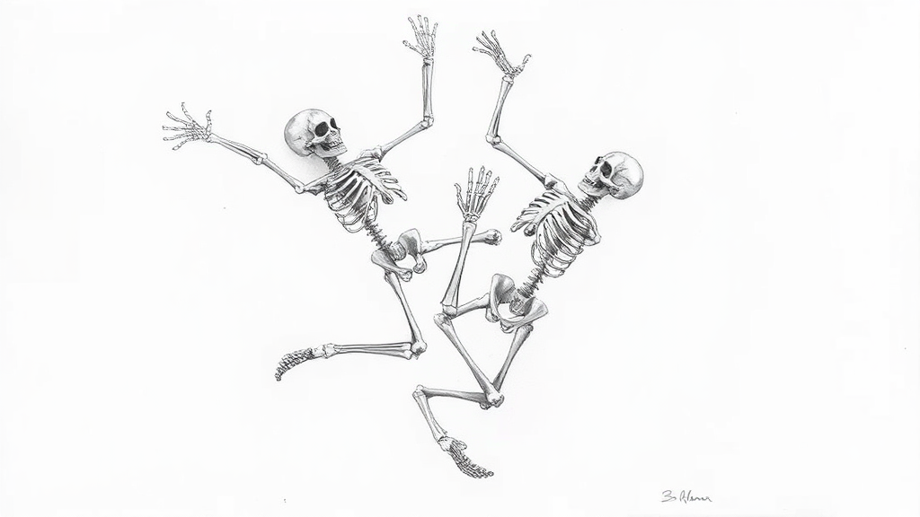 Skeletons in dramatic interaction: one falling, one catching.