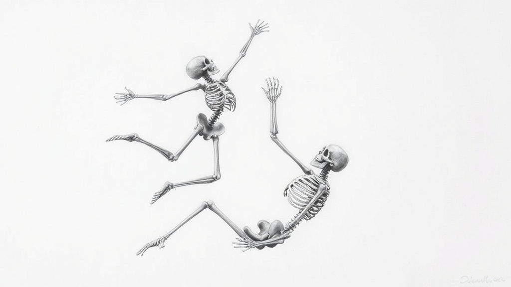 Skeletons in motion: one falls, one prepares to catch.