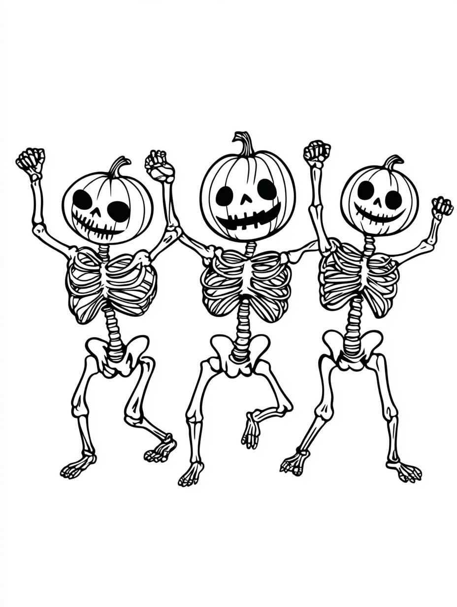 Skeletons with pumpkin heads dance on coloring book page.